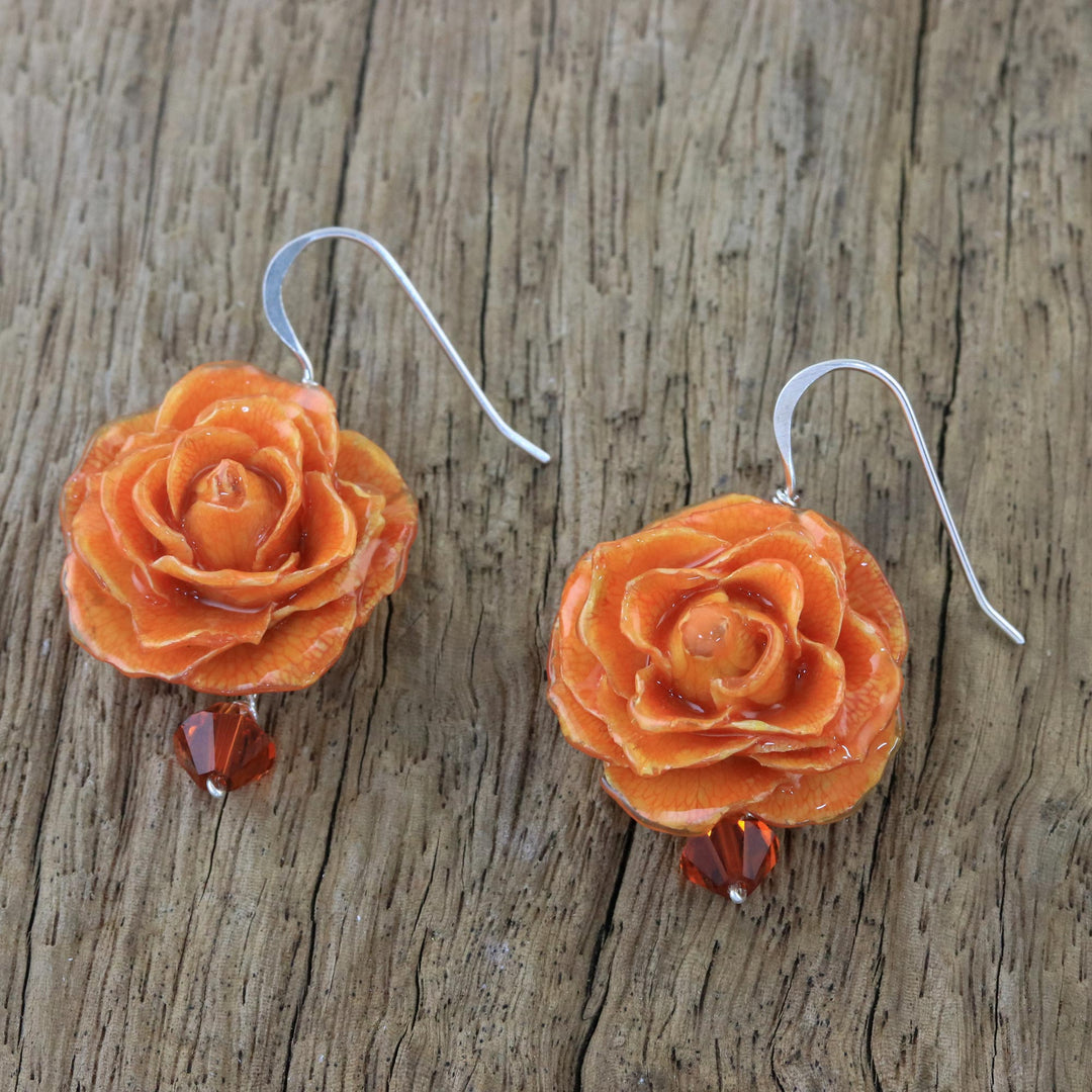Natural Rose Dangle Earrings in Orange from Thailand - Floral Temptation in Orange