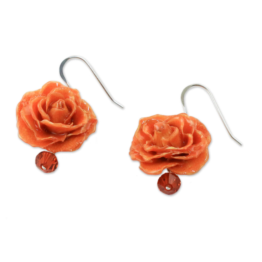 Natural Rose Dangle Earrings in Orange from Thailand - Floral Temptation in Orange