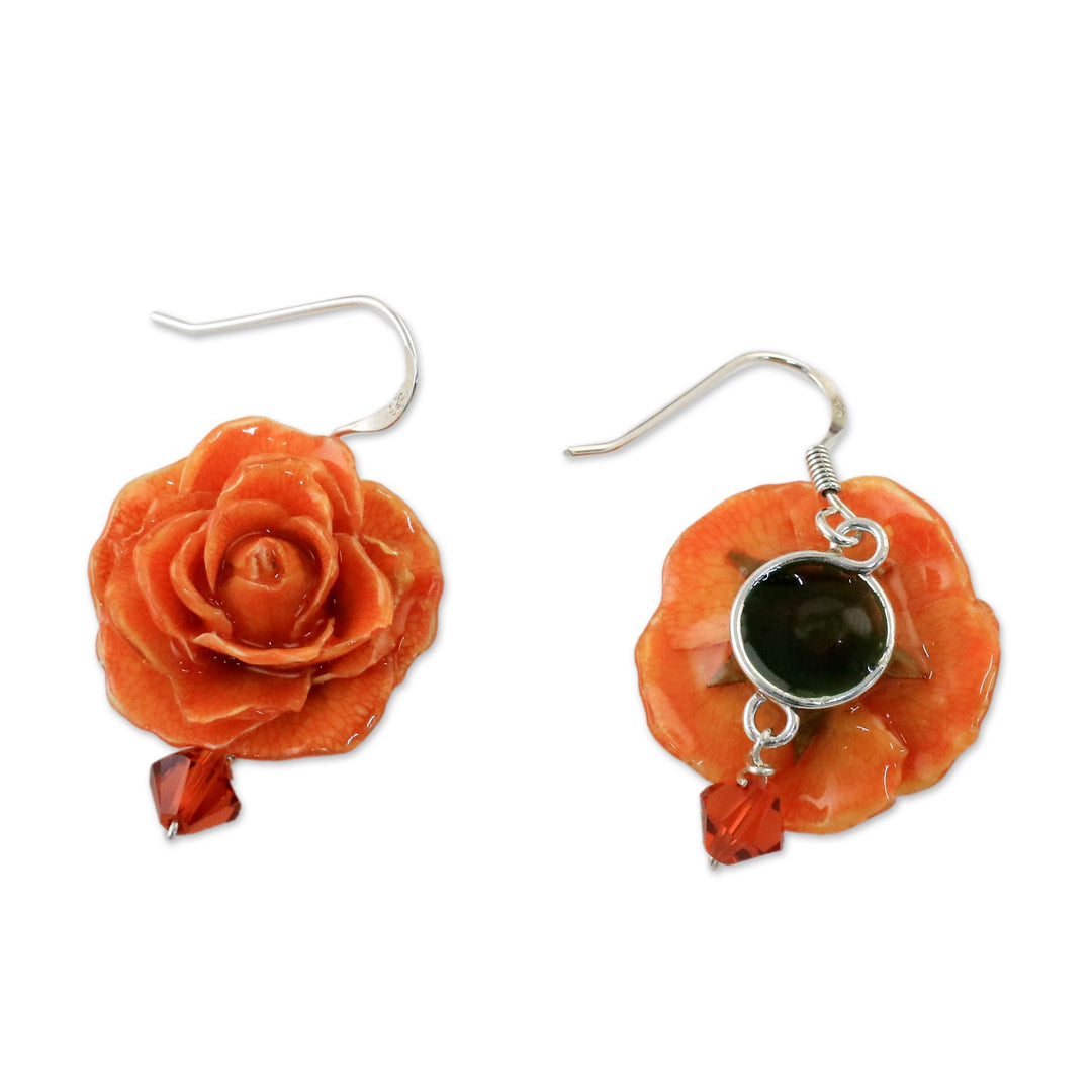 Natural Rose Dangle Earrings in Orange from Thailand - Floral Temptation in Orange