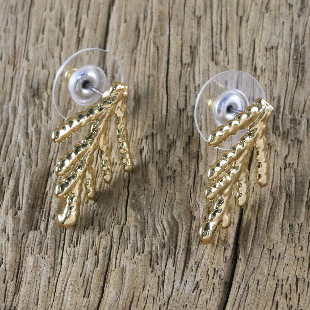 Gold Plated Natural Cypress Leaf Button Earrings - Natural Needles