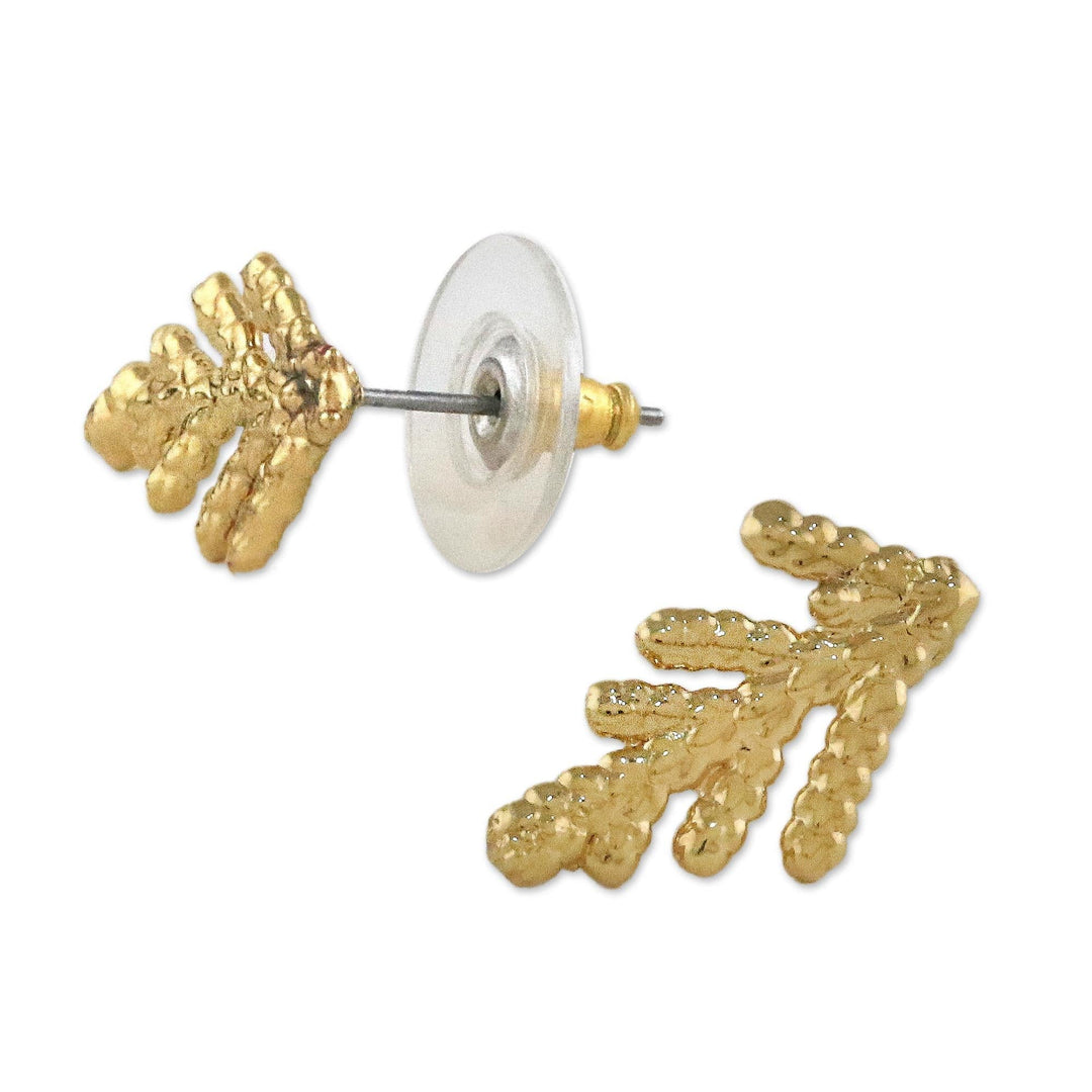 Gold Plated Natural Cypress Leaf Button Earrings - Natural Needles