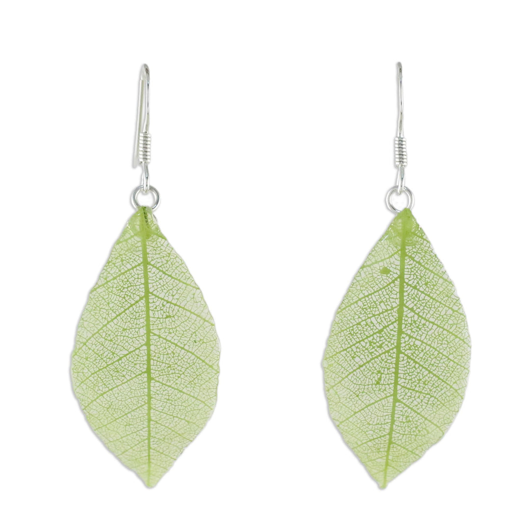 Natural Leaf Dangle Earrings in Sap Green from Thailand - Stunning Nature in Sap Green