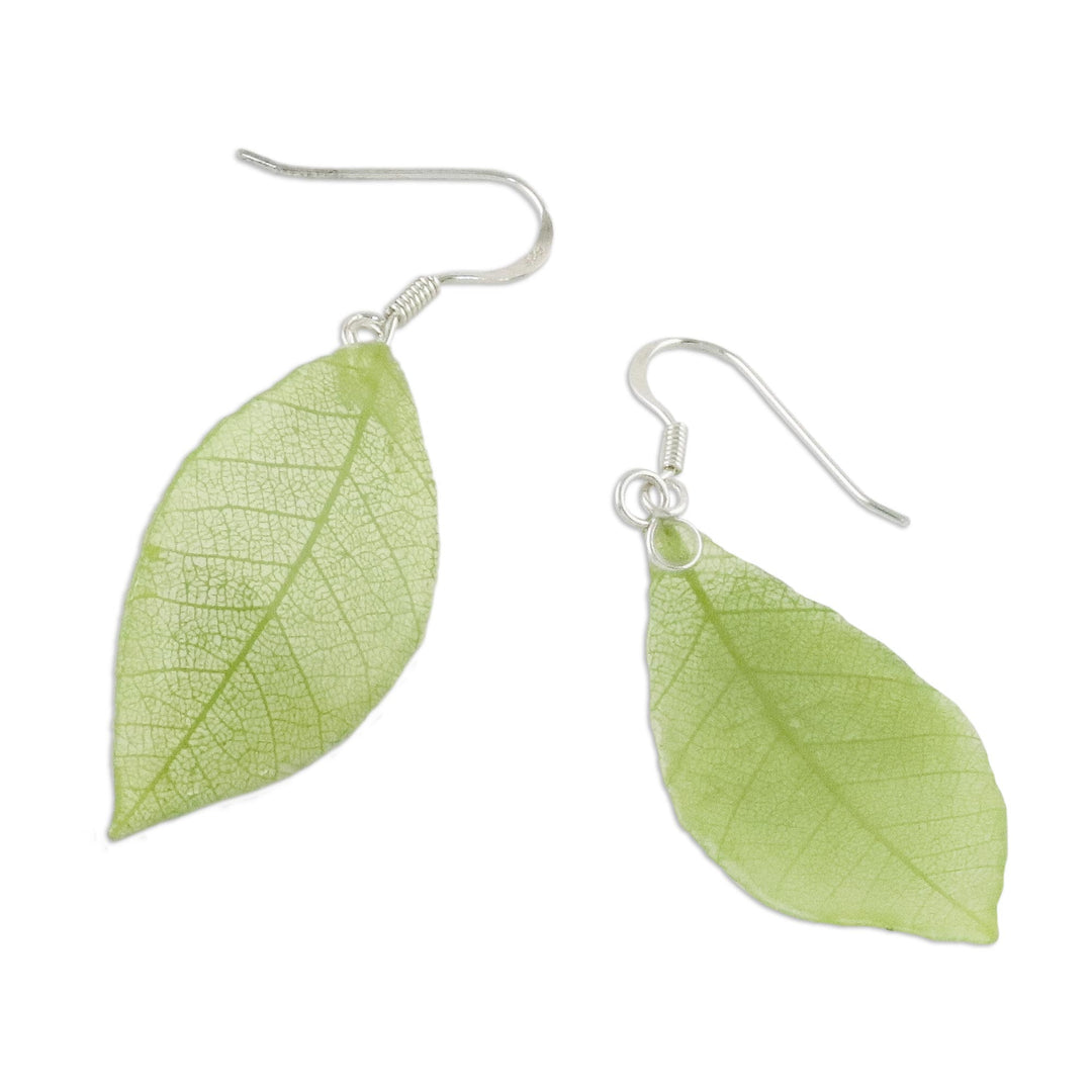 Natural Leaf Dangle Earrings in Sap Green from Thailand - Stunning Nature in Sap Green