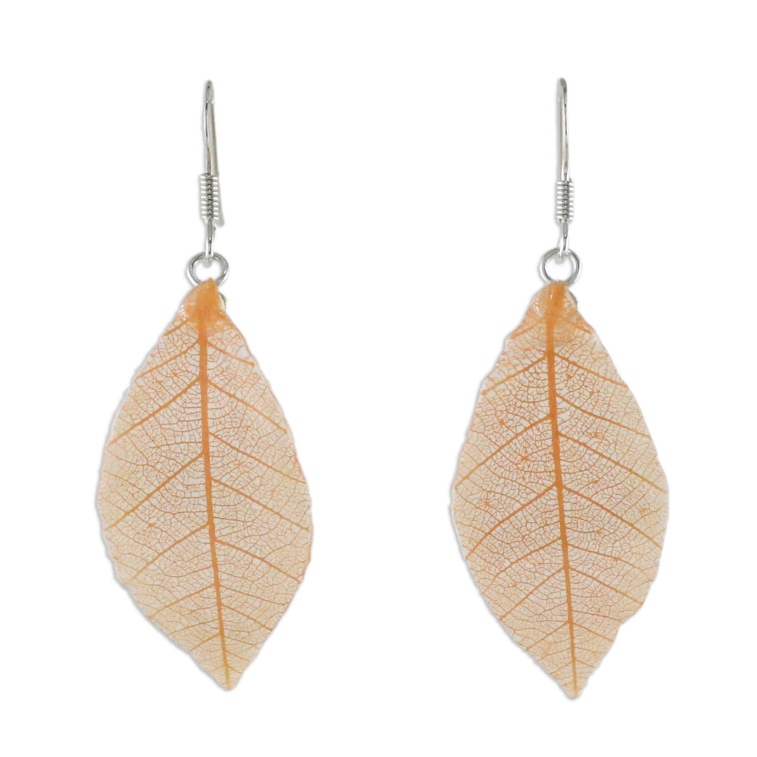 Natural Leaf Dangle Earrings in Sunrise from Thailand - Stunning Nature in Sunrise