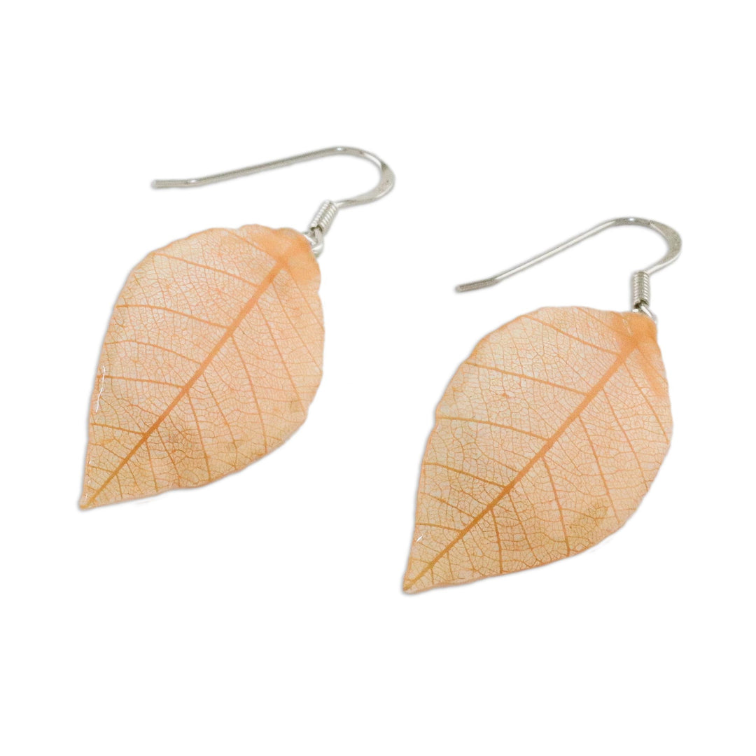 Natural Leaf Dangle Earrings in Sunrise from Thailand - Stunning Nature in Sunrise