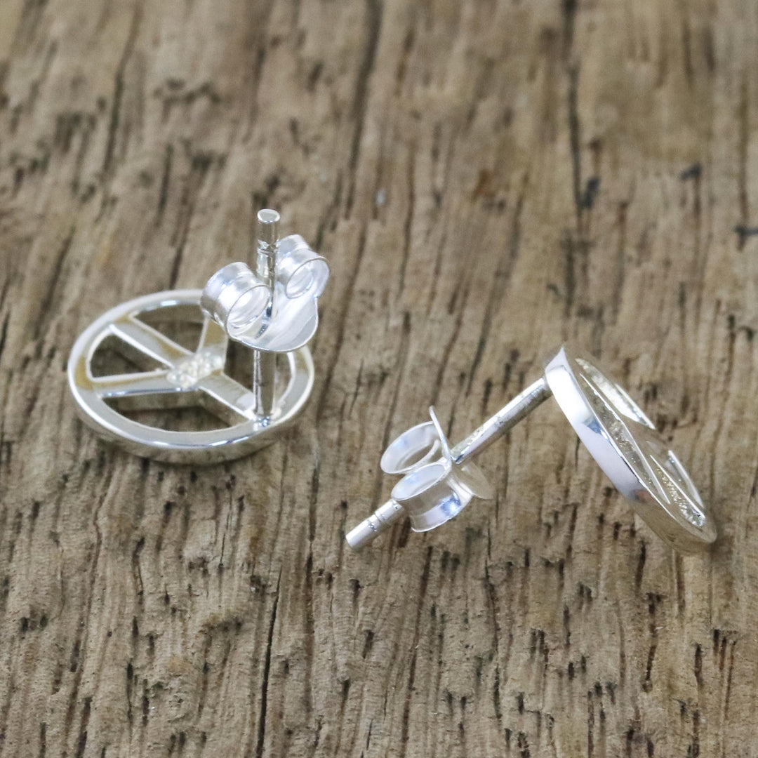 Handcrafted Sterling Silver Stud Earrings with Peace Sign - Sign of Peace