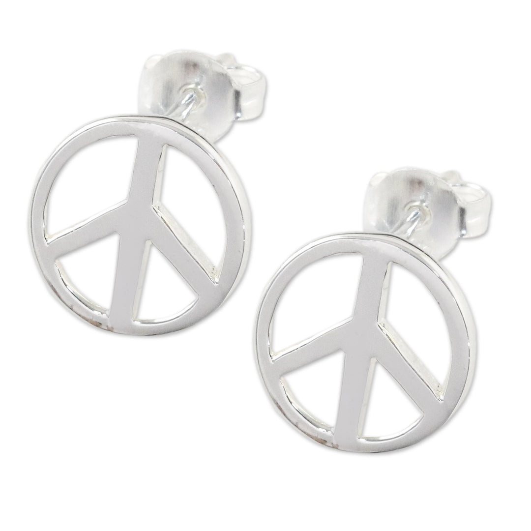 Handcrafted Sterling Silver Stud Earrings with Peace Sign - Sign of Peace