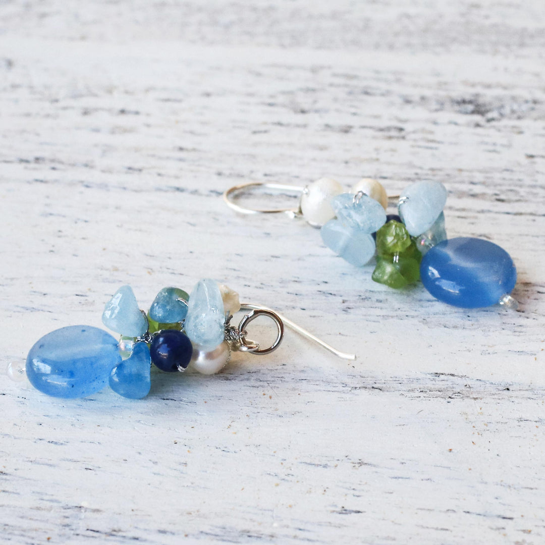 Blue Quartz Multi-Gemstone Dangle Earrings from Thailand - Soda Bubbles