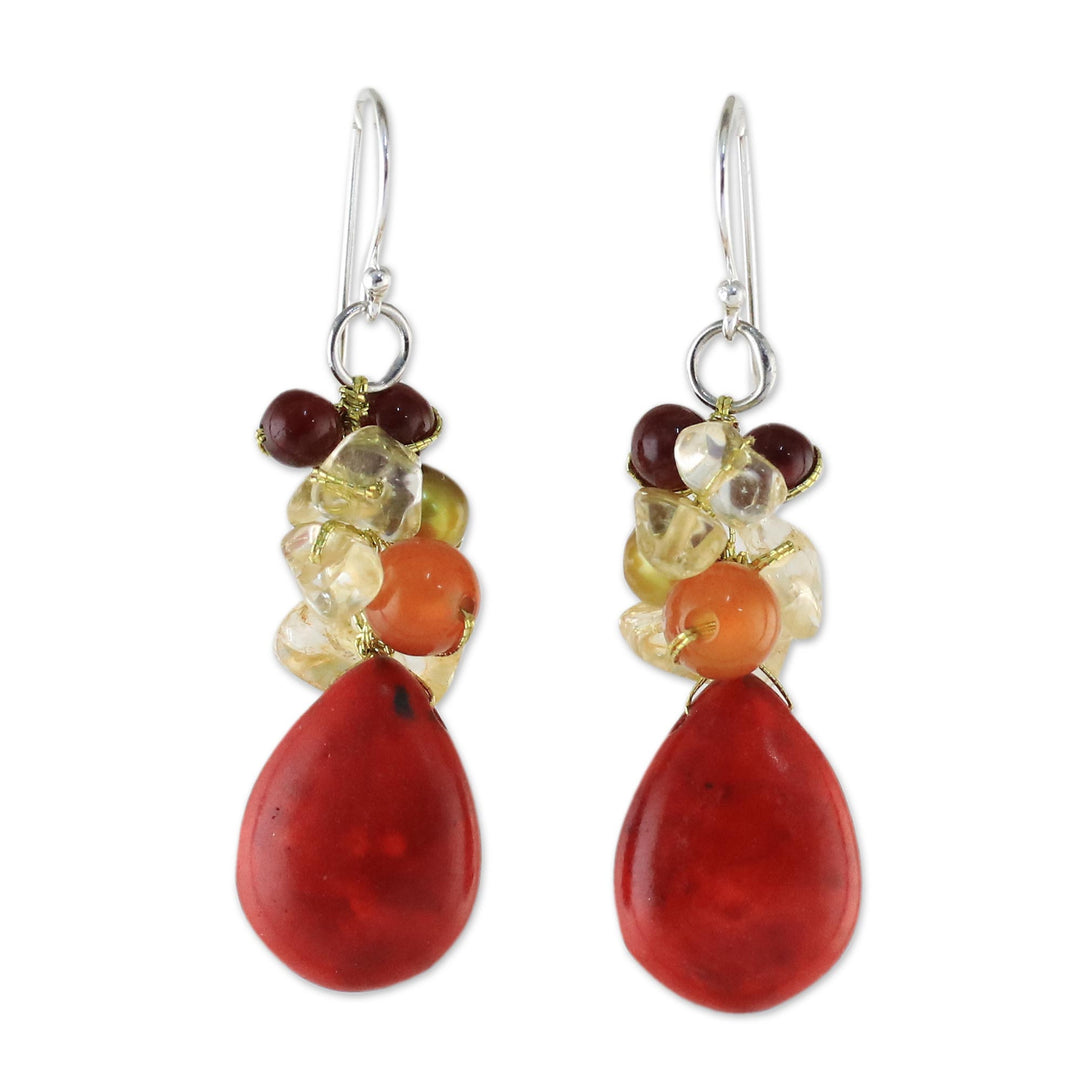 Multi-Gemstone Red Calcite Dangle Earrings from Thailand - Camellia Drops