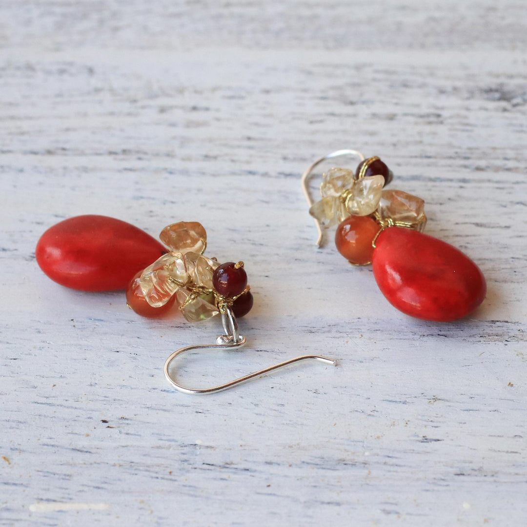 Multi-Gemstone Red Calcite Dangle Earrings from Thailand - Camellia Drops