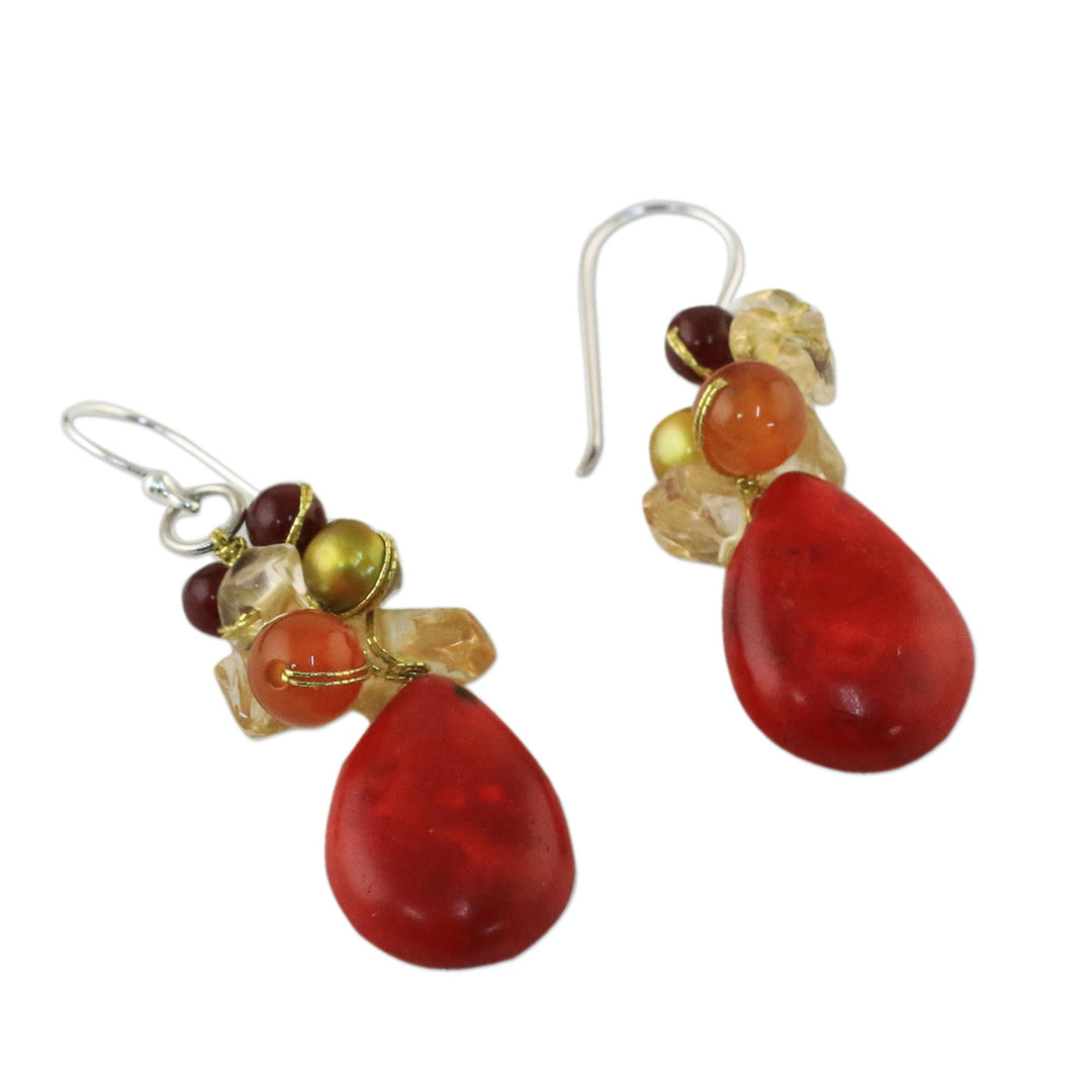 Multi-Gemstone Red Calcite Dangle Earrings from Thailand - Camellia Drops