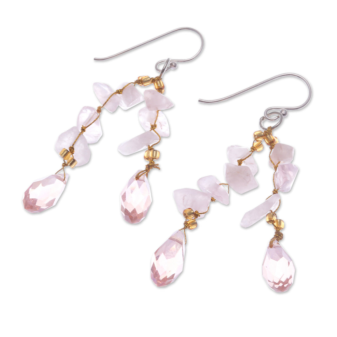 Rose Quartz and Glass Bead Dangle Earrings from Thailand - Crystalline Drops
