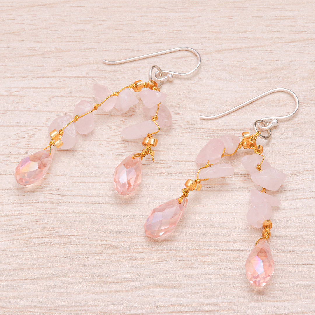 Rose Quartz and Glass Bead Dangle Earrings from Thailand - Crystalline Drops