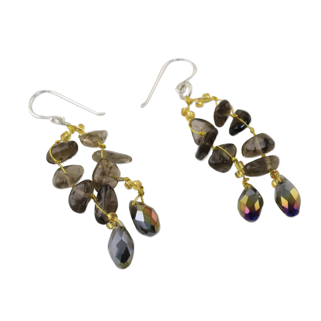 Smoky Quartz and Glass Bead Dangle Earrings from Thailand - Crystalline Drops