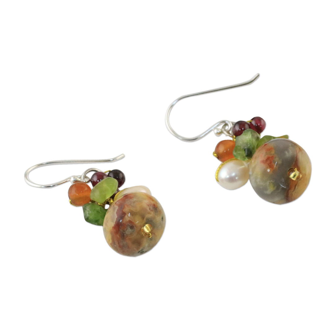 Thai Jasper and Cultured Pearl Dangle Earrings - Exotic Cluster