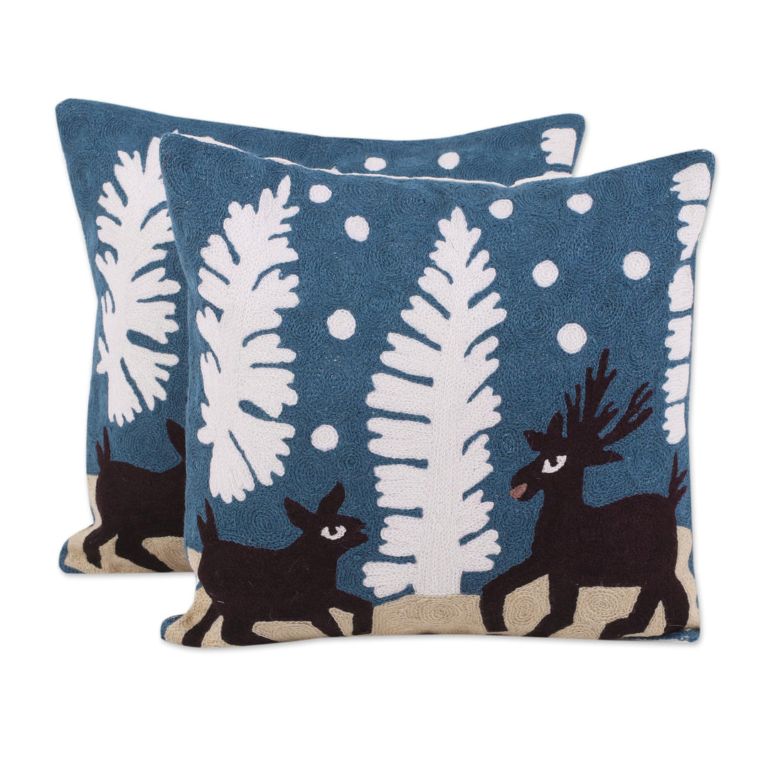 Two Embroidered Cotton Cushion Covers with Deer from India - Deer in Love