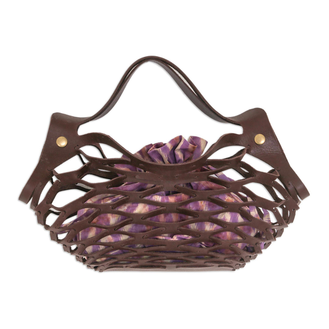 Unique Leather Shoulder Bag with Cotton Lining from Bali - Deep Lavender Nest