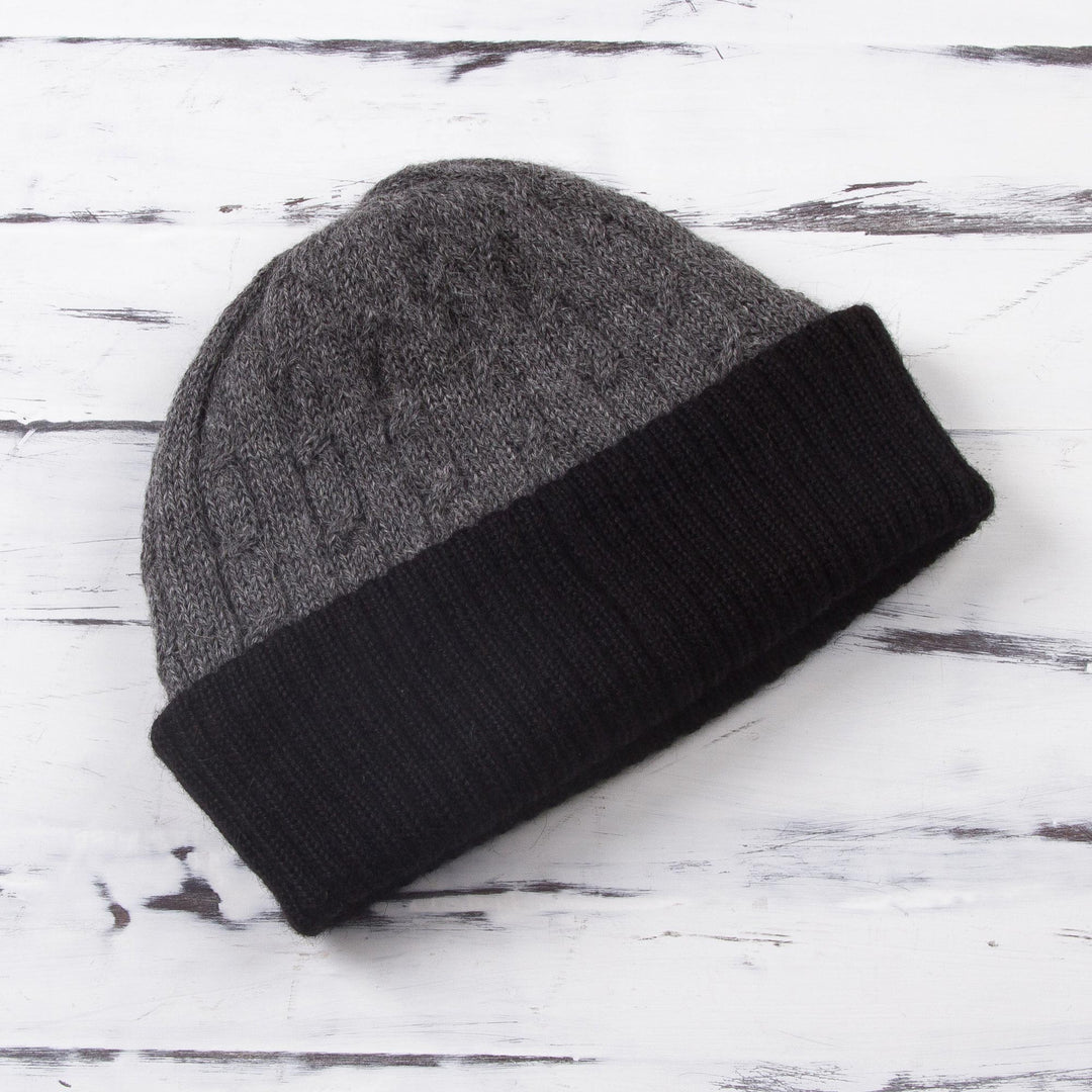 Knit 100% Alpaca Hat in Smoke and Black from Peru - Warm Braids in Smoke