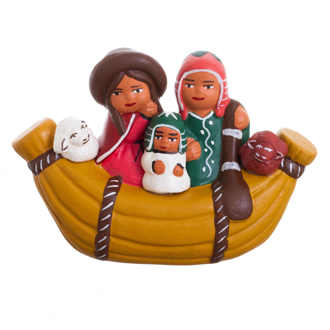 Cultural Ceramic Nativity Scene on a Canoe from Peru - Canoe Voyage