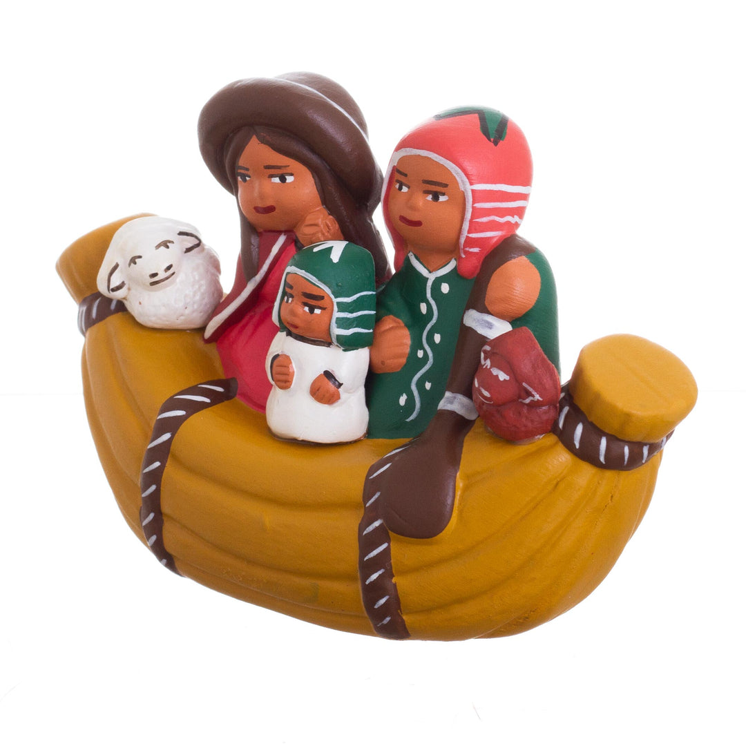 Cultural Ceramic Nativity Scene on a Canoe from Peru - Canoe Voyage