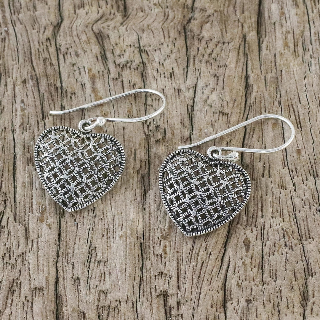 Sterling Silver Heart-Shaped Dangle Earrings from Thailand - Textured Hearts