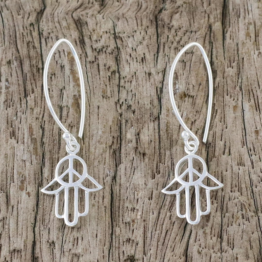 Sterling Silver Hamsa Peace Sign Earrings from Thailand - Peaceful Hamsa