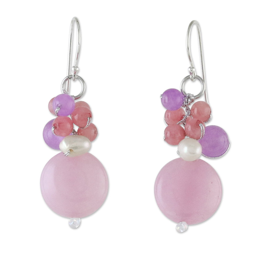 Handmade Purple and Pink Quartz and Pearl Cluster Earrings - Sweet Thai Joy