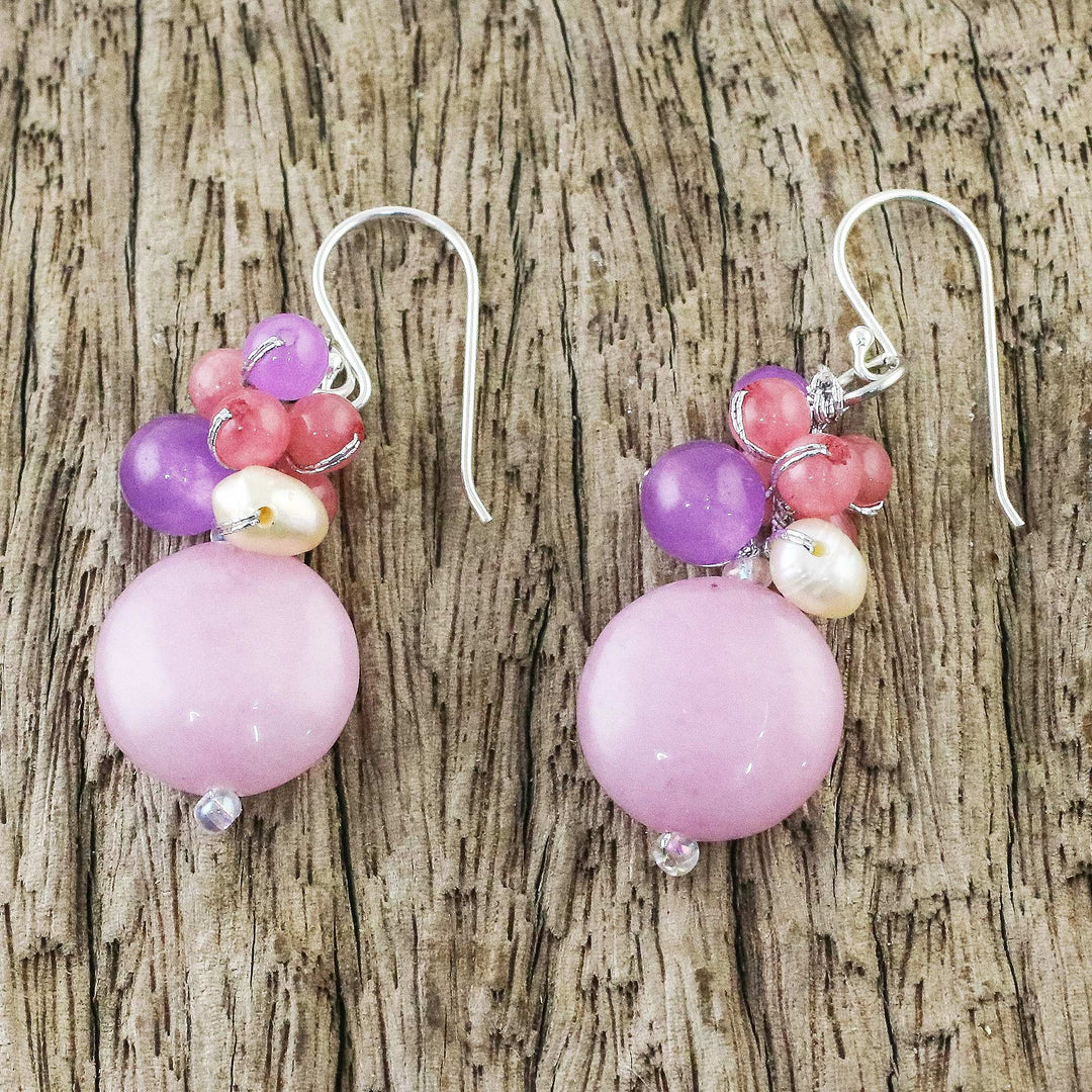 Handmade Purple and Pink Quartz and Pearl Cluster Earrings - Sweet Thai Joy
