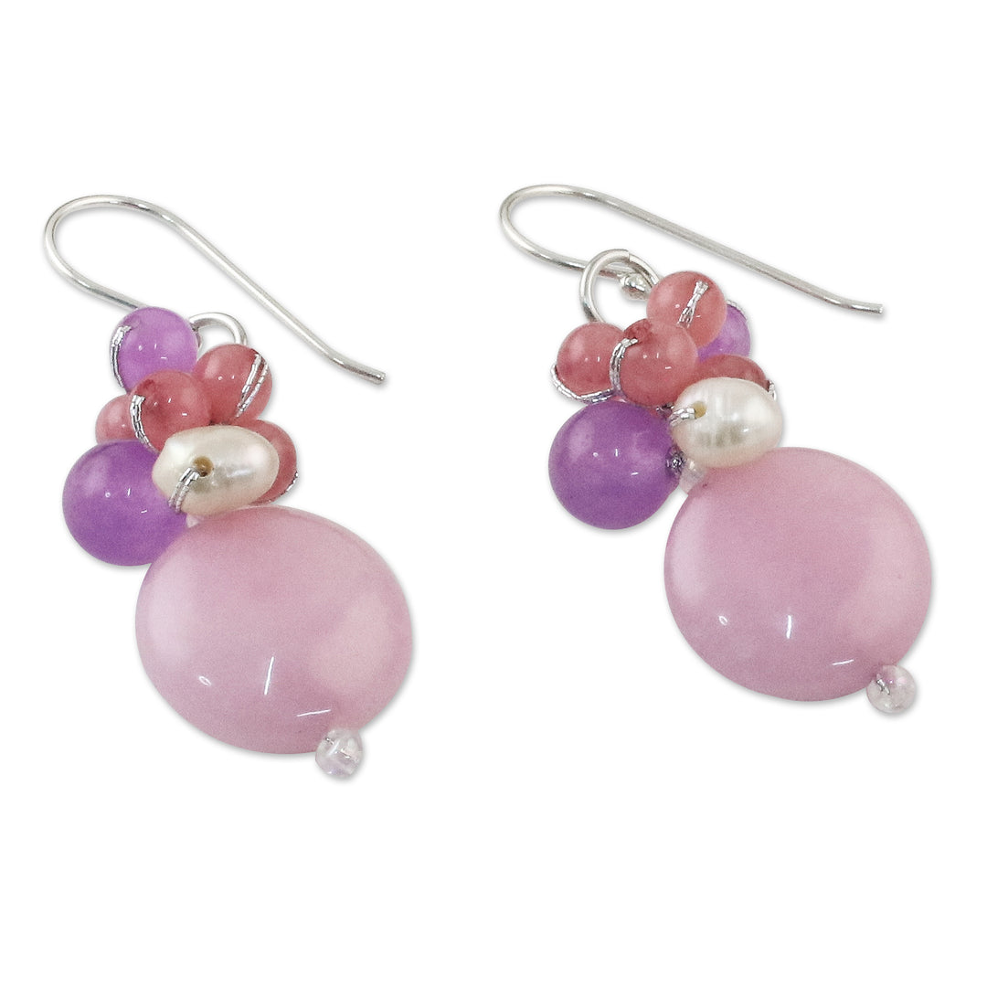 Handmade Purple and Pink Quartz and Pearl Cluster Earrings - Sweet Thai Joy