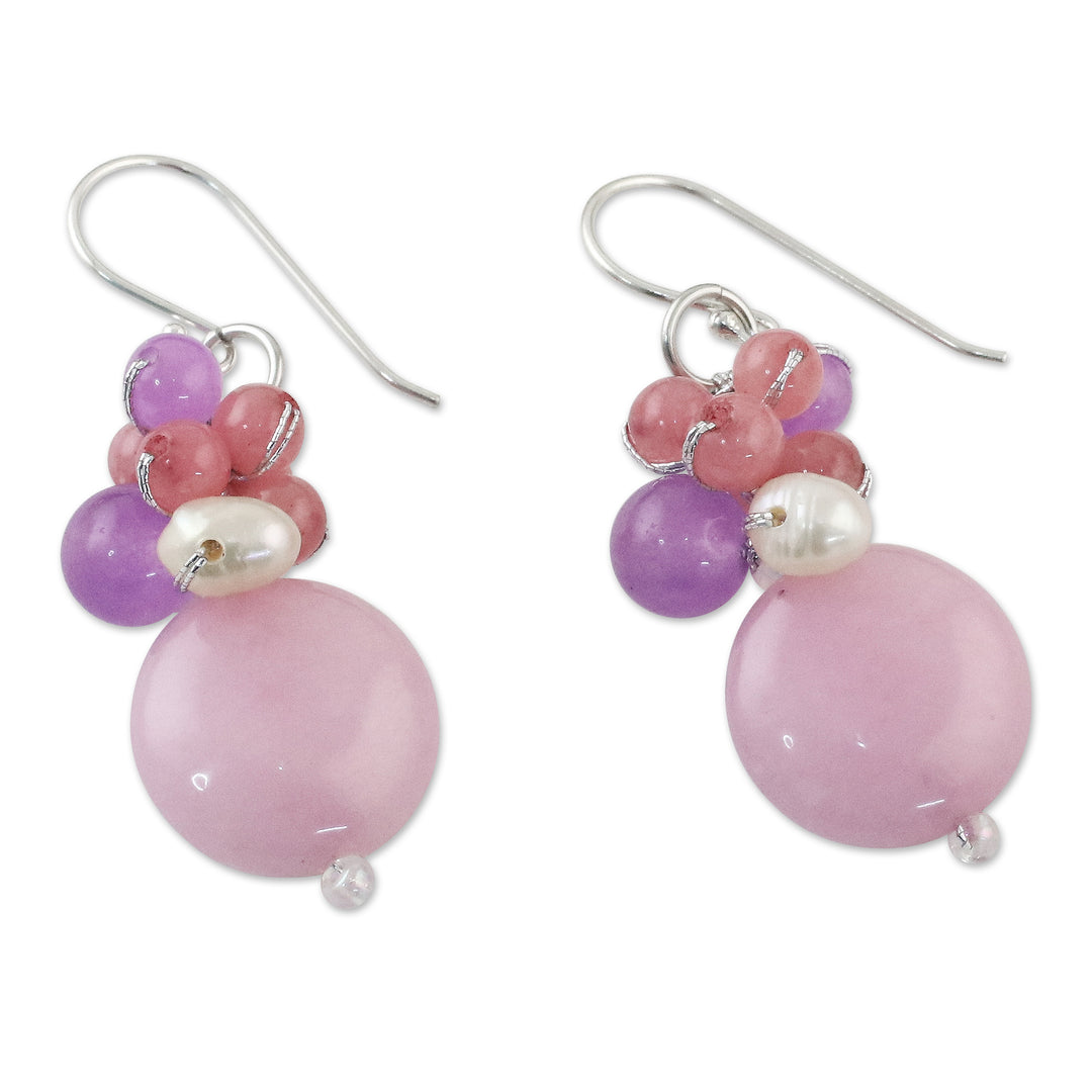 Handmade Purple and Pink Quartz and Pearl Cluster Earrings - Sweet Thai Joy