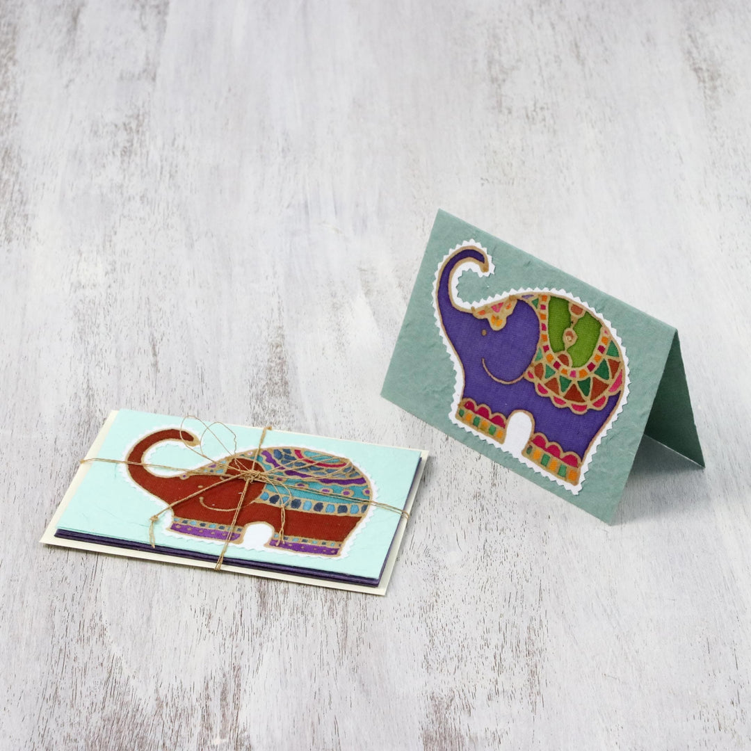 Four Colorful Batik Elephant Greeting Cards from Thailand - Well-Wishing Elephants