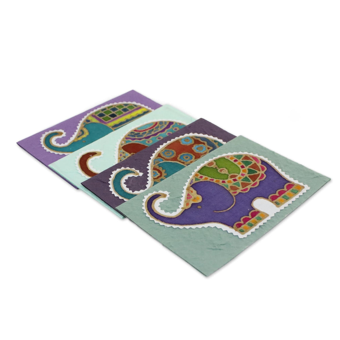Four Colorful Batik Elephant Greeting Cards from Thailand - Well-Wishing Elephants