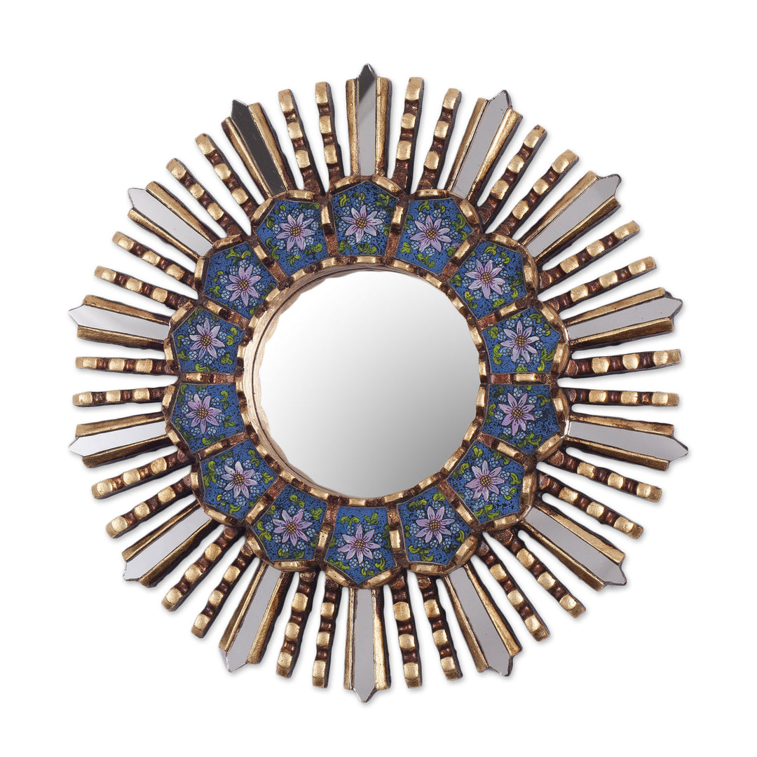 Floral Reverse Painted Glass and Wood Wall Mirror - Cuzco Blue