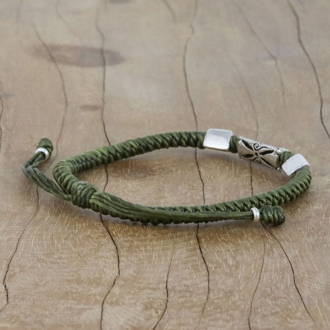 Hand Braided Olive Cord Bracelet with Silver Pendants - Karen Triangle in Olive