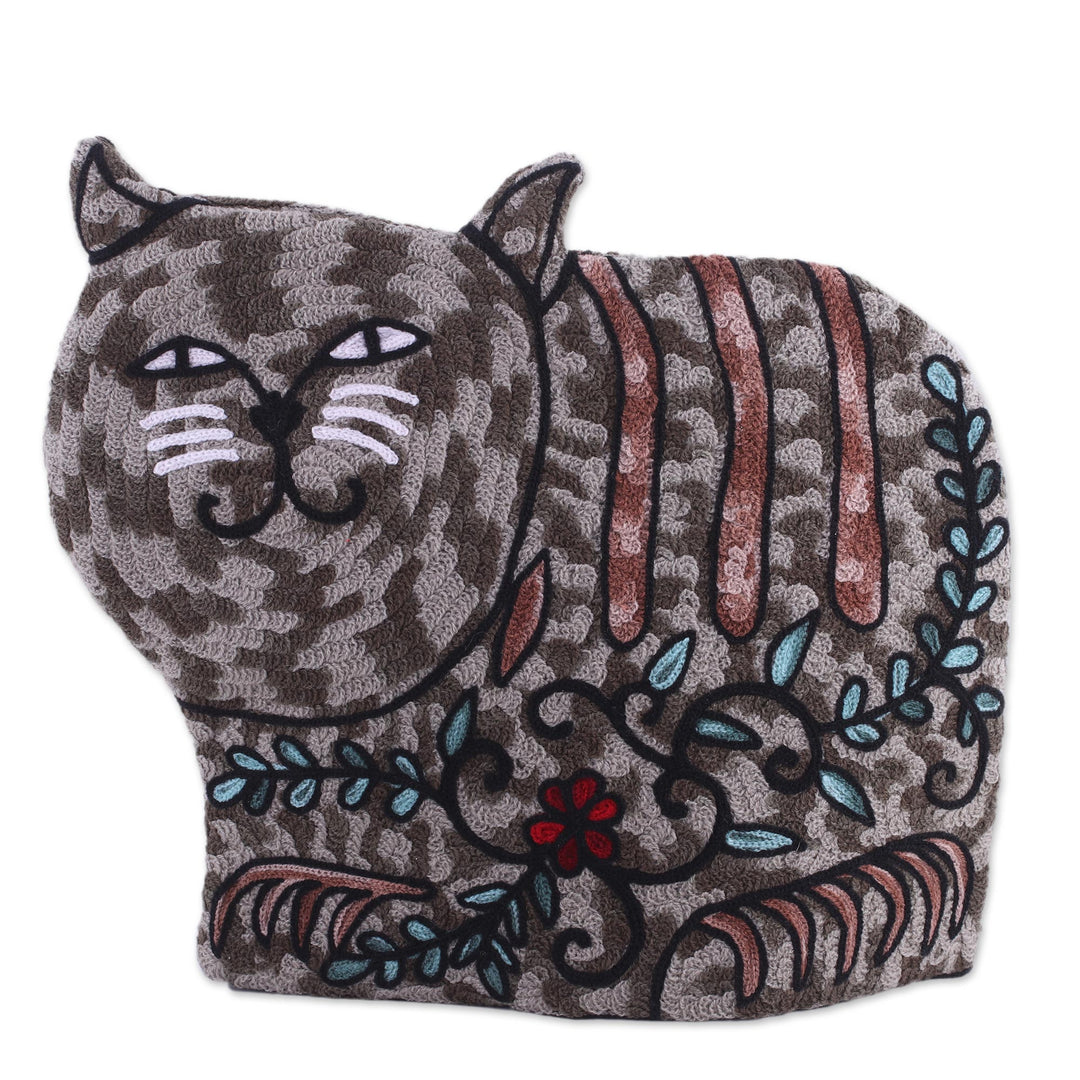 Cat-Shaped Aari Embroidered Wool Tea Cozy in Grey from India - Delightful Cat in Grey