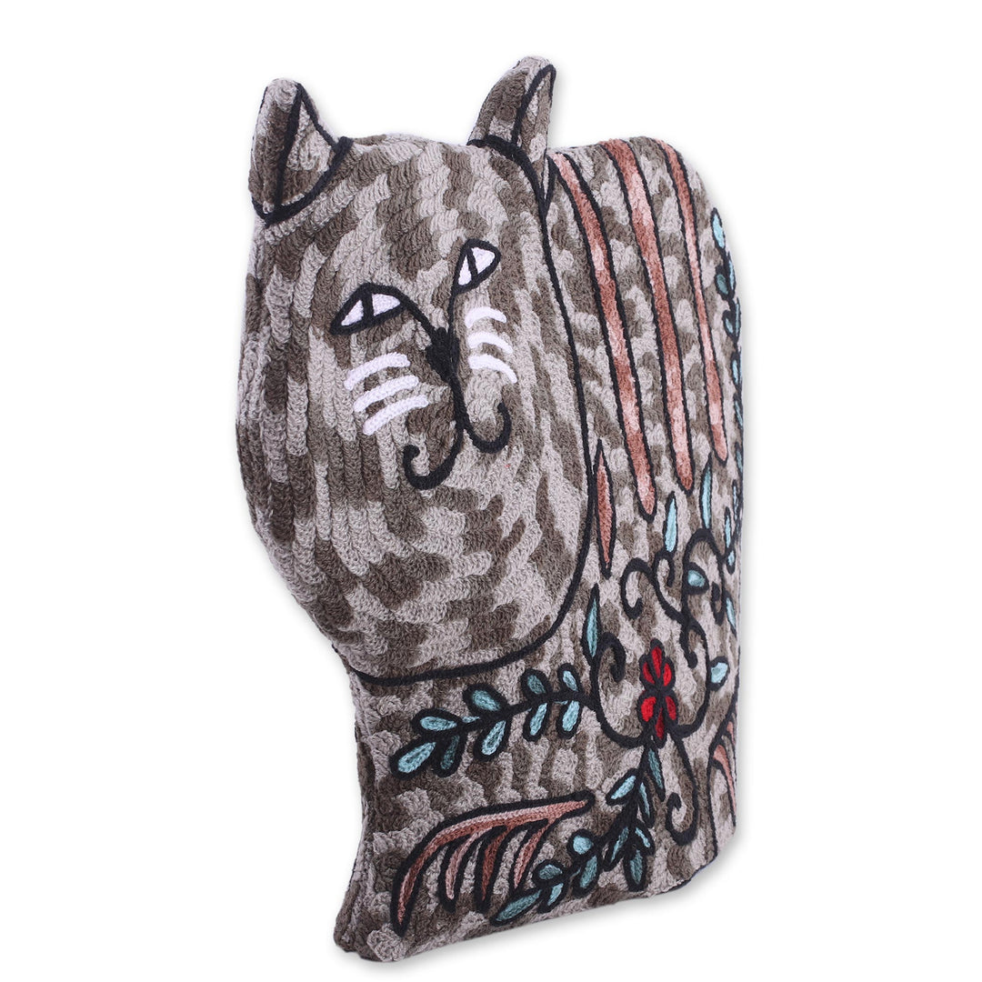 Cat-Shaped Aari Embroidered Wool Tea Cozy in Grey from India - Delightful Cat in Grey