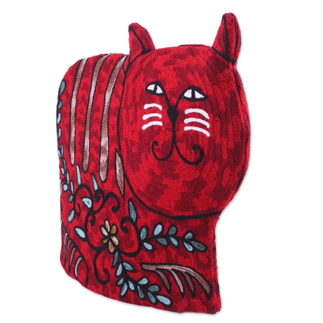 Cat-Shaped Aari Embroidered Wool Tea Cozy in Red from India - Delightful Cat in Red