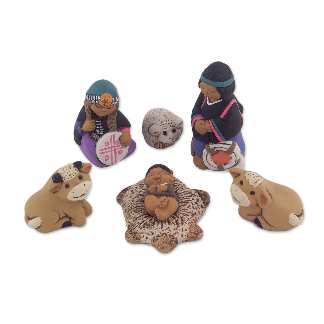 Artisan-Made 7-Piece Mapuche-Themed Ceramic Nativity Scene - Mapuche Family