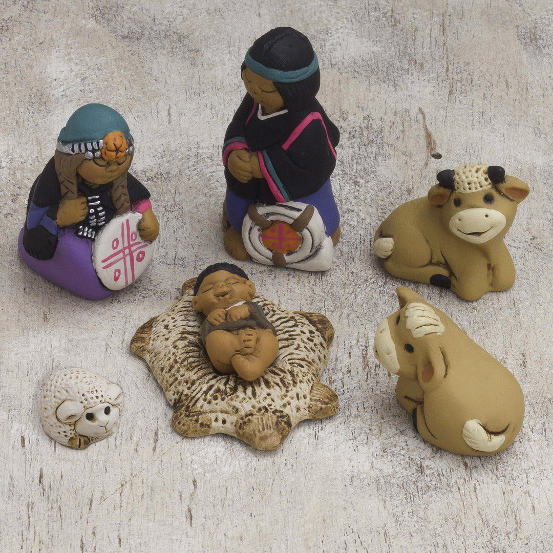 Artisan-Made 7-Piece Mapuche-Themed Ceramic Nativity Scene - Mapuche Family