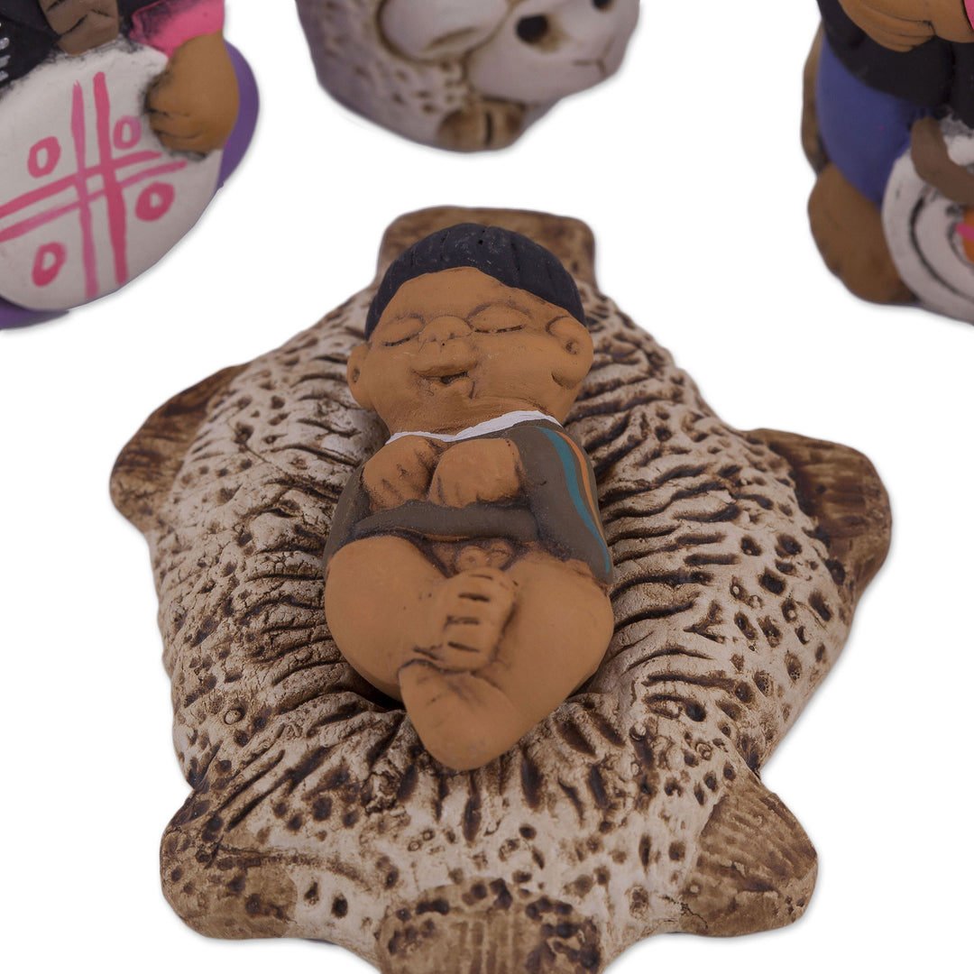 Artisan-Made 7-Piece Mapuche-Themed Ceramic Nativity Scene - Mapuche Family