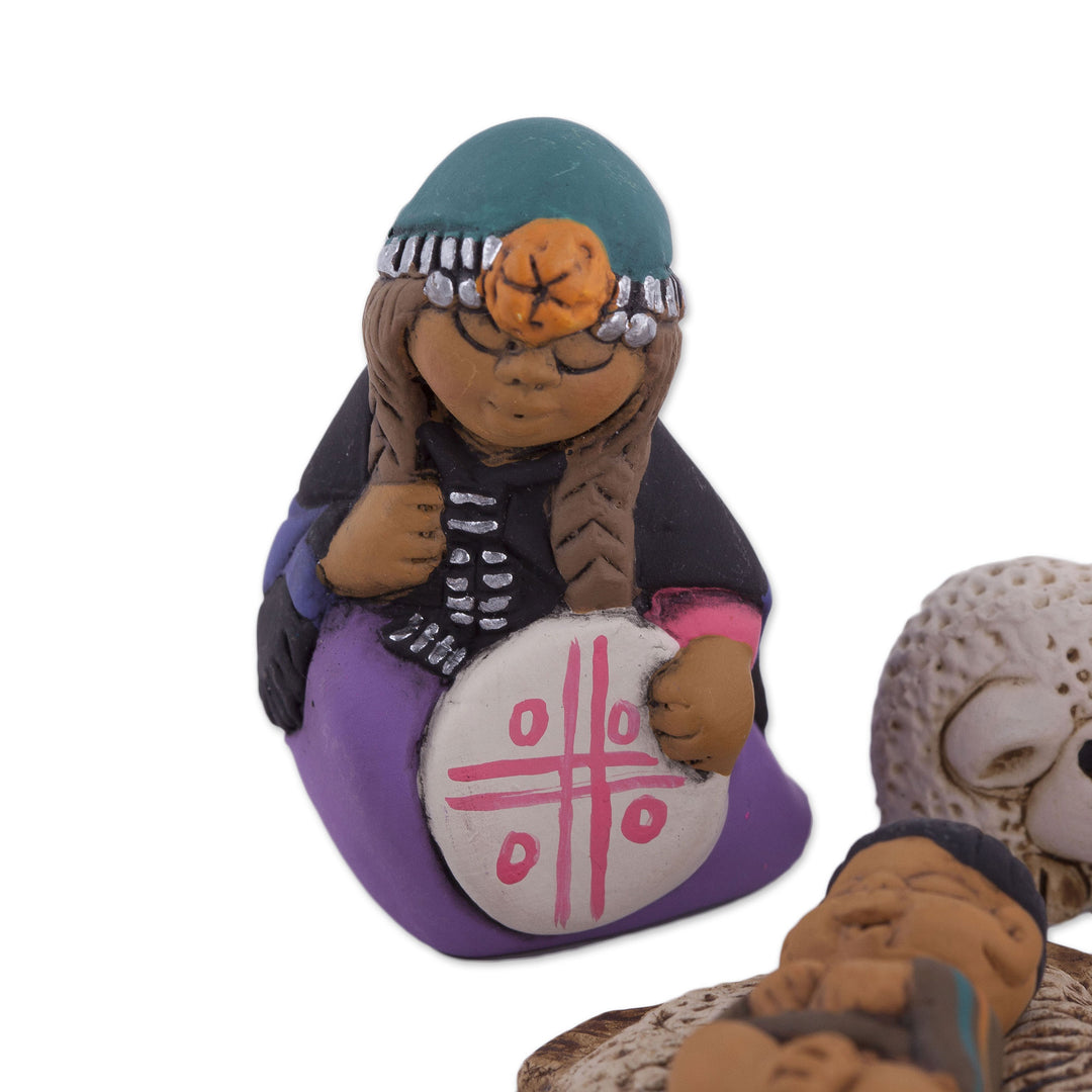 Artisan-Made 7-Piece Mapuche-Themed Ceramic Nativity Scene - Mapuche Family