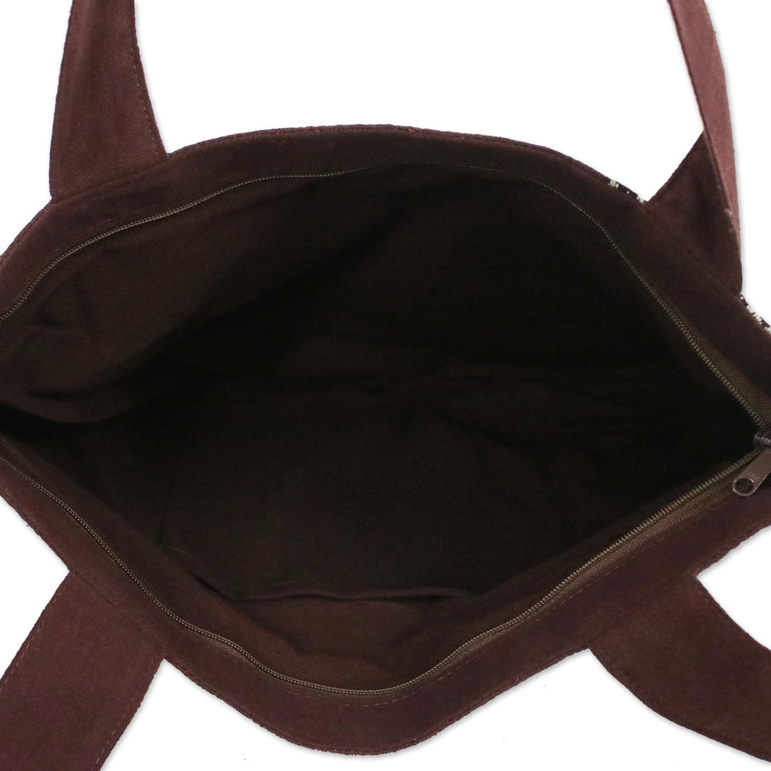 Embroidered Thai Style Brown Cotton Tote Bag - Chiang Mai Lanna