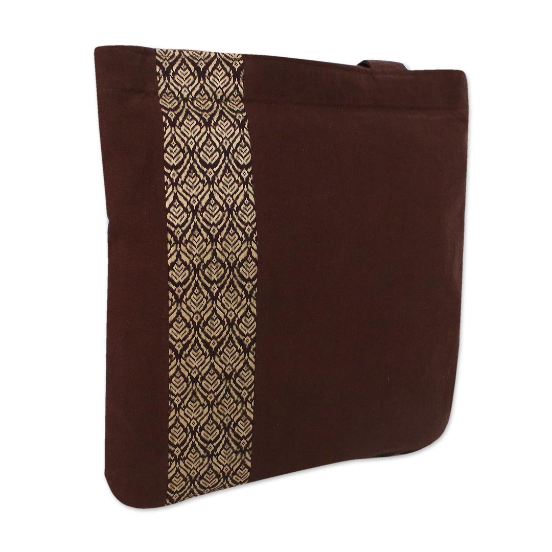 Tote Bag in Brown Cotton with Cream Embroidery - Chiang Mai Blossom