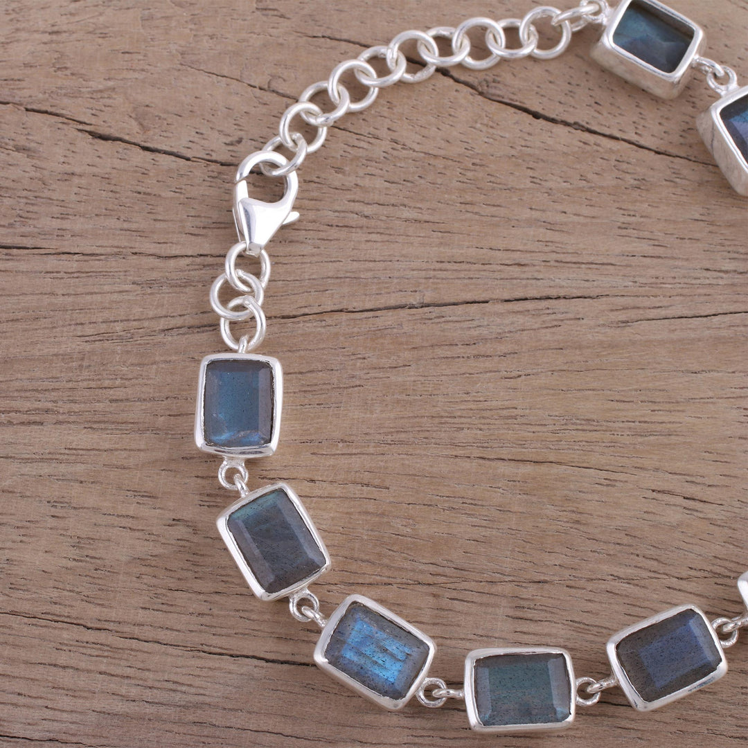 Labradorite and Sterling Silver Link Bracelet from India - Natural Rectangles