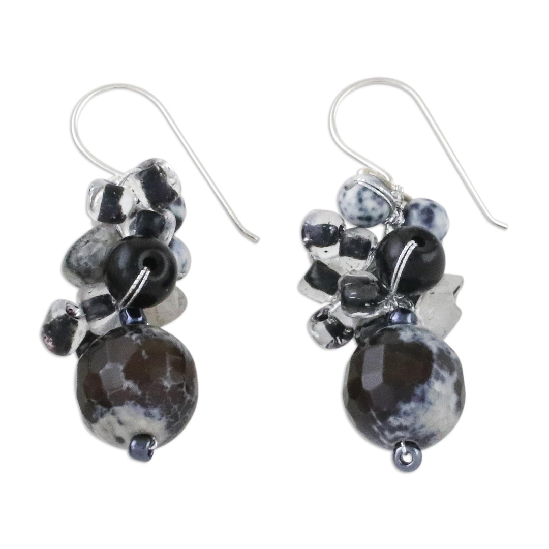 Quartz and Onyx Dangle Earrings from Thailand - Lovely Blend in Black