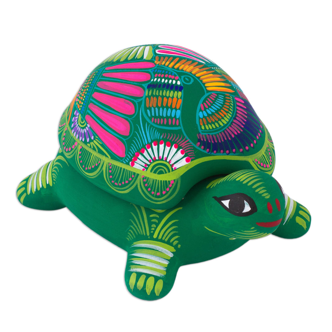 Painted Ceramic Turtle Decorative Box from Mexico - Protective Turtle