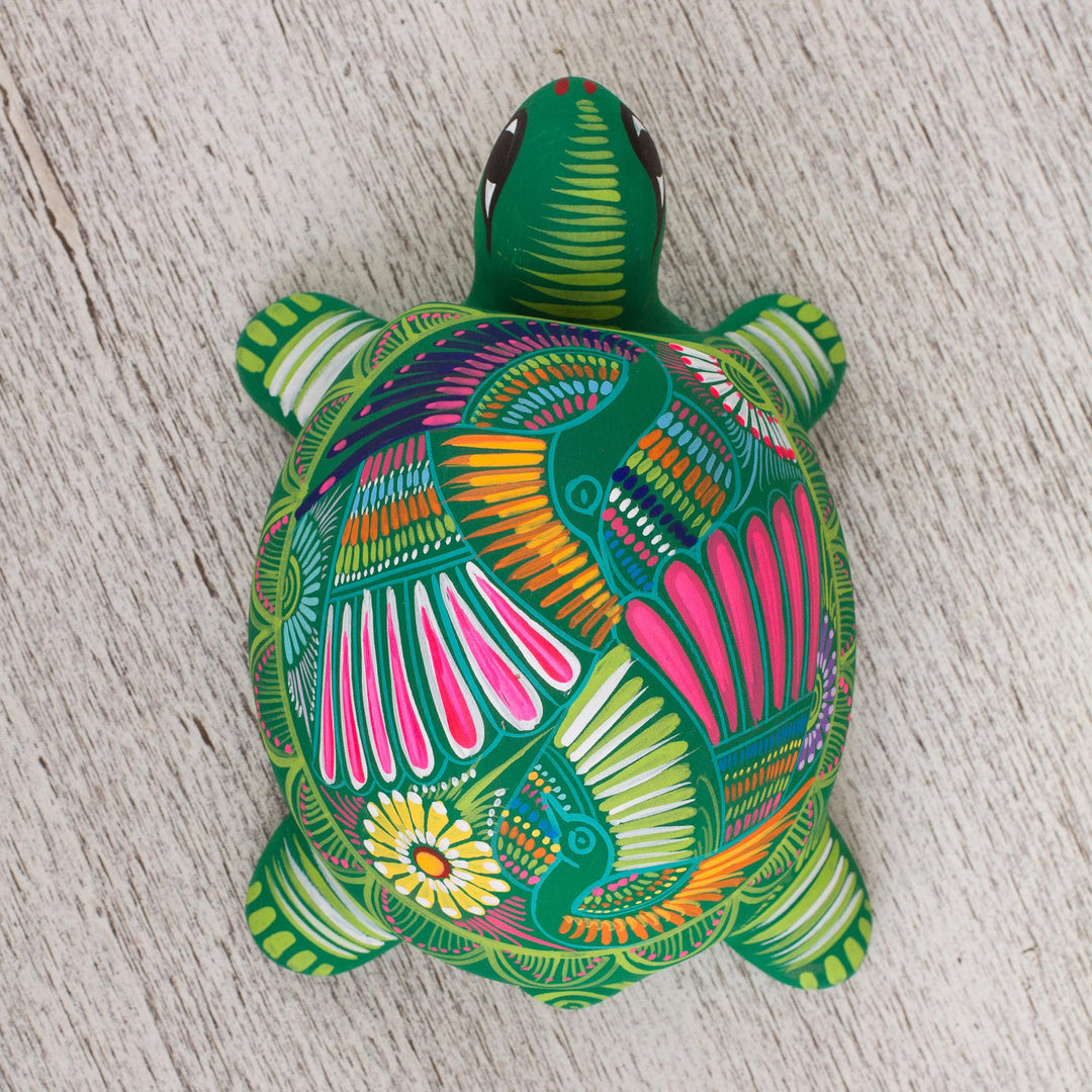 Painted Ceramic Turtle Decorative Box from Mexico - Protective Turtle