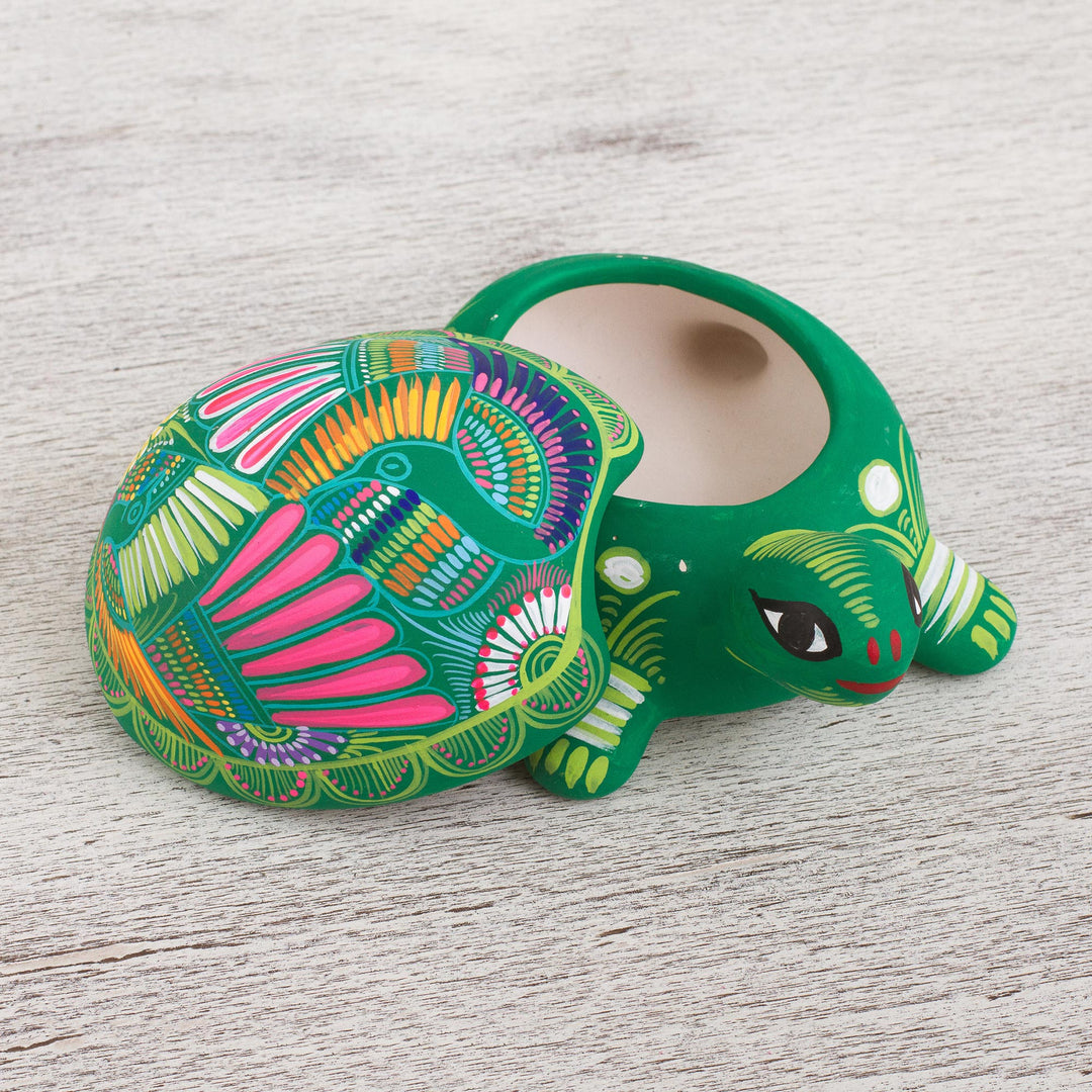 Painted Ceramic Turtle Decorative Box from Mexico - Protective Turtle