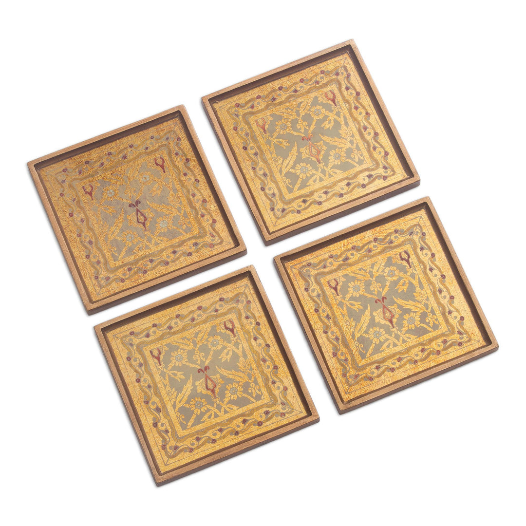 Four Floral Gold-Tone Reverse Painted Glass Coasters - Colonial Gold