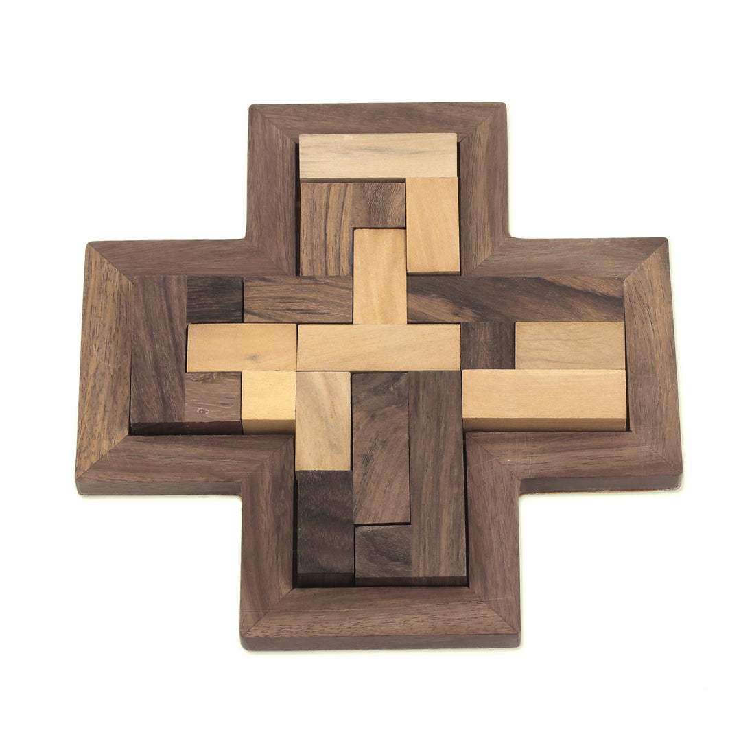 Cross-Shaped Acacia and Haldu Wood Puzzle from India - Cross Challenge